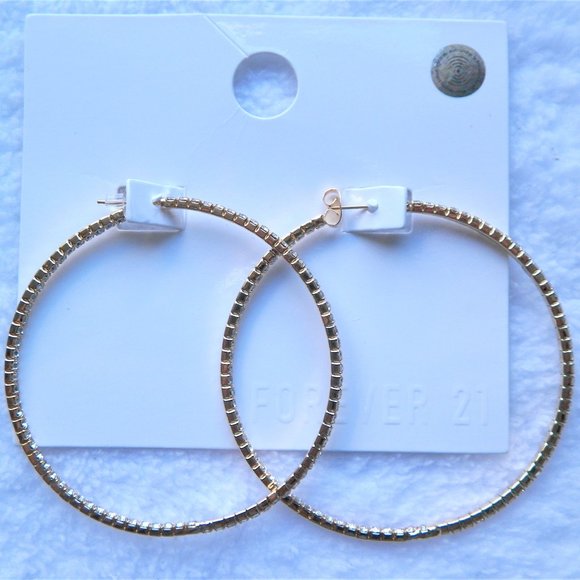 NWT 2 3/4" Gold In & Out Rhinestone Hoop Earrings Forever 21 - Picture 3 of 10